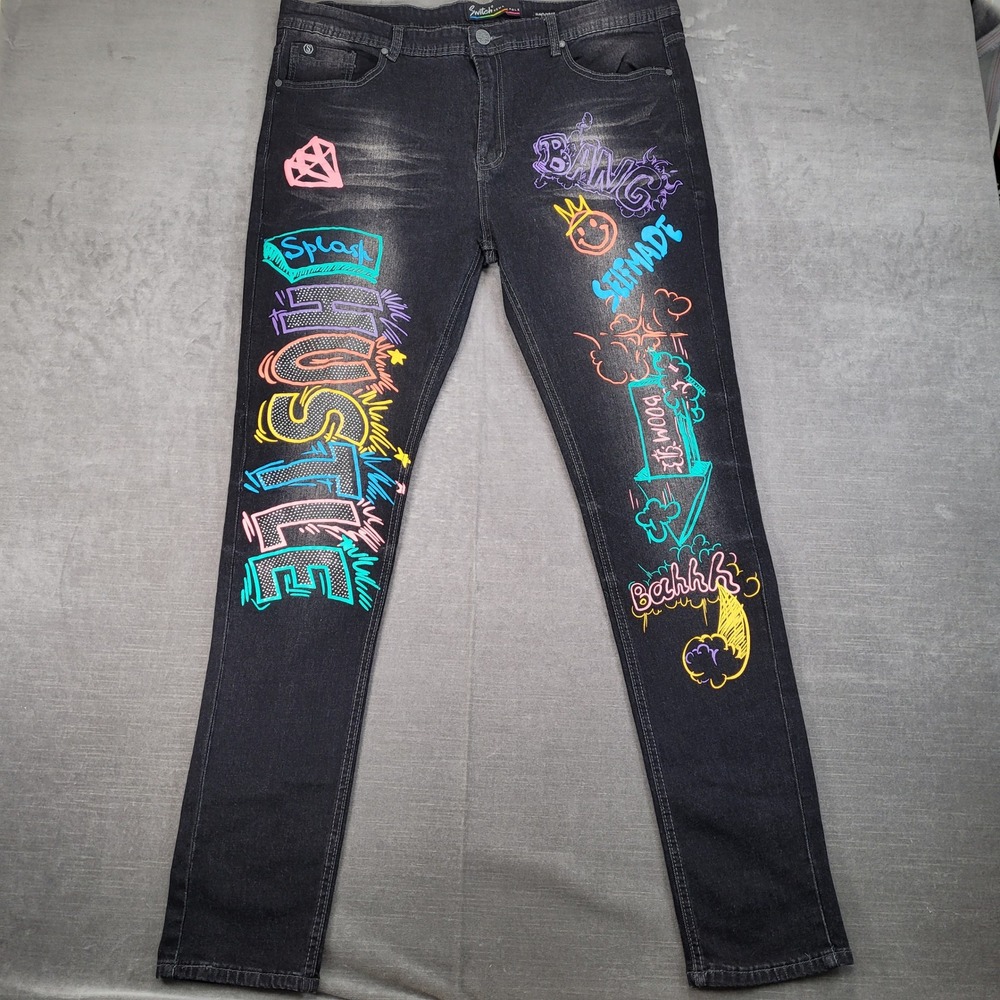 Switch Remarkable Slim Taper Fit Black Wash Painted Denim‎ Jeans 40x34 New